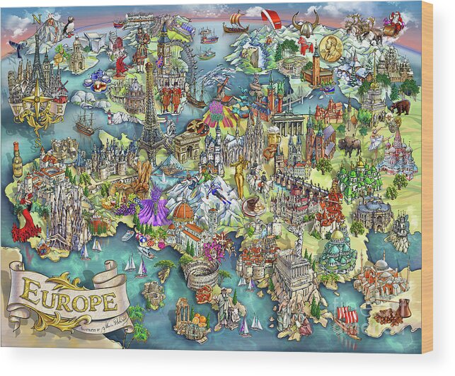 Europe Wood Print featuring the painting Illustrated Map of Europe by Maria Rabinky