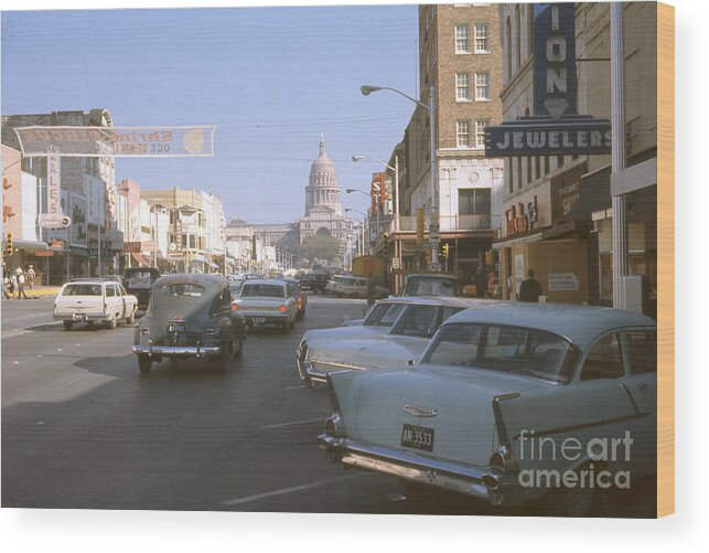 Austin Wood Print featuring the photograph A historical 1965 photo antique automobiles fill the downtown Austin streets of Congress Avenue by Dan Herron