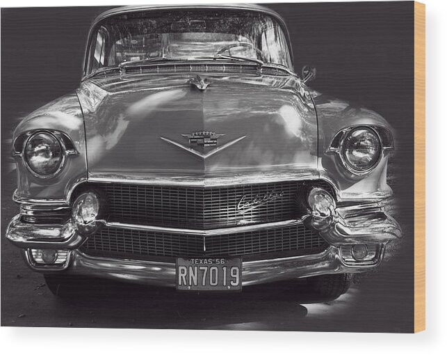 Transportation Wood Print featuring the photograph In Your Face - 1956 Cadillac BW by Linda Phelps