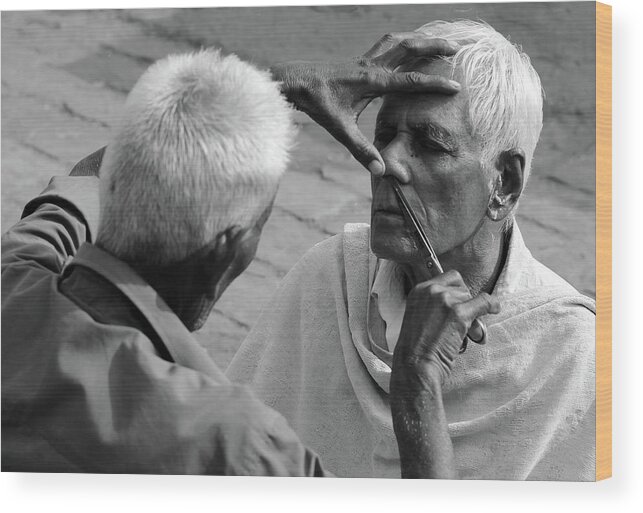 Indian Wood Print featuring the photograph Indian Street Barber Image 2 by Prakash Ghai