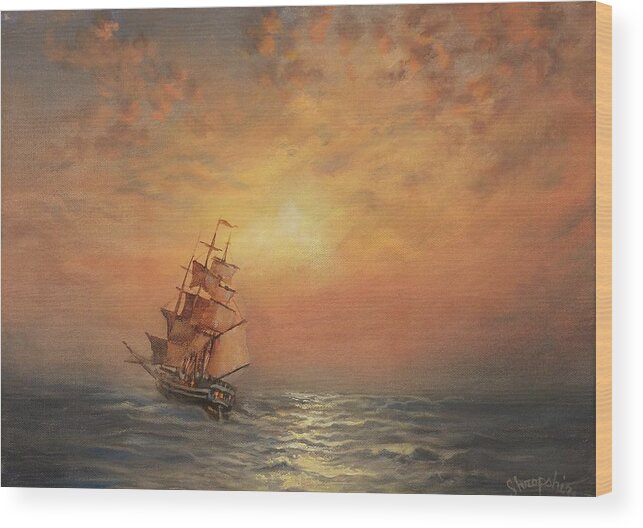 Sailing Ship Wood Print featuring the painting Into the Sunset by Tom Shropshire