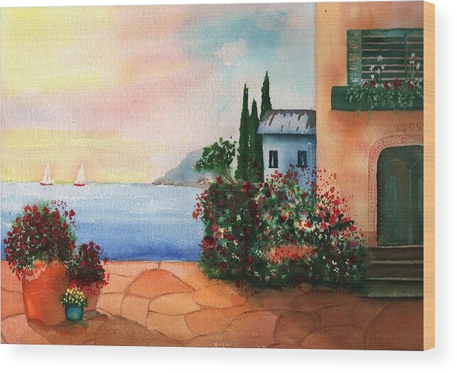 Italian Sunset Villa By The Sea Wood Print featuring the painting Italian Sunset Villa by the Sea by Sharon Mick