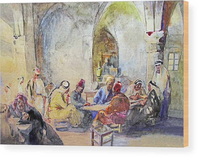 German Wood Print featuring the painting Jerusalem Cafe by Munir Alawi