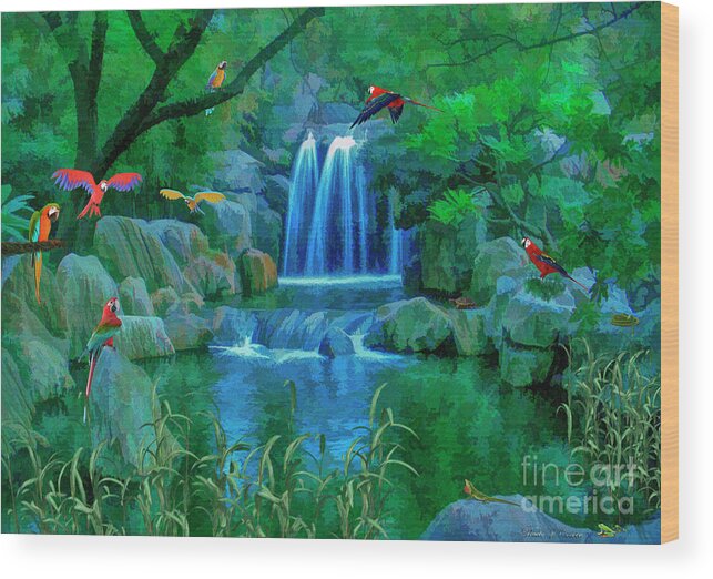 Parrot Wood Print featuring the digital art Jungle Water Falls and Parrots by Walter Colvin