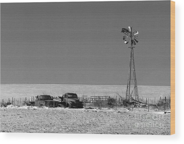 Farm Winter Junk Old Truck Trucks Windmill Black White Monochrome Wood Print featuring the photograph Junk Out Back 4984 by Ken DePue