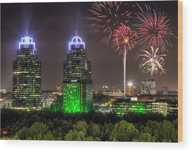 Sandy Springs Wood Print featuring the photograph King And Queen Buildings Fireworks by Anna Rumiantseva