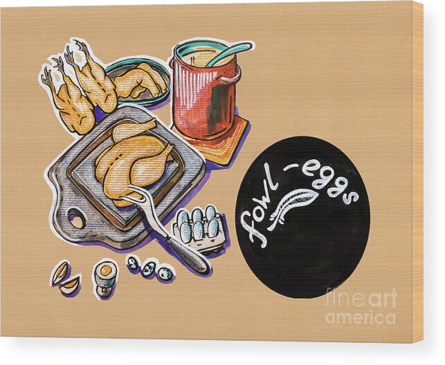 Food Wood Print featuring the drawing Kitchen Illustration Of Menu Of Fowl Products by Ariadna De Raadt