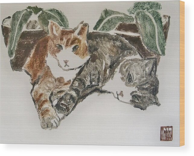 Animals Wood Print featuring the painting Kittens by Thomas Tribby
