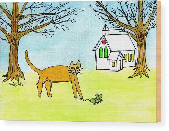 Cat. Cat Artwork Wood Print featuring the painting Kitty and the Mouse by Norma Appleton