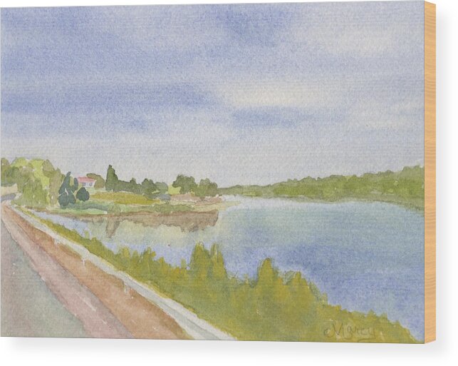 Watercolor Wood Print featuring the painting Lake House by Marcy Brennan