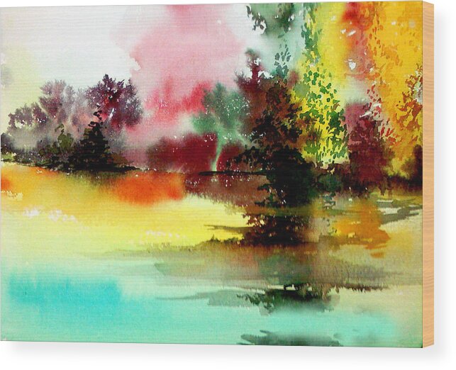 Nature Wood Print featuring the painting Lake in colours by Anil Nene