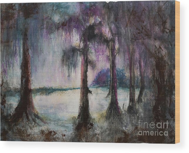 Landscape Wood Print featuring the painting Lake Verret banks by Francelle Theriot