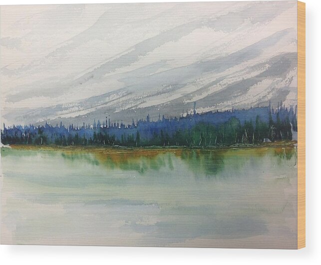 Watercolour Landscape Painting Wood Print featuring the painting Lakeside - Mountain Foothill - Banff by Desmond Raymond