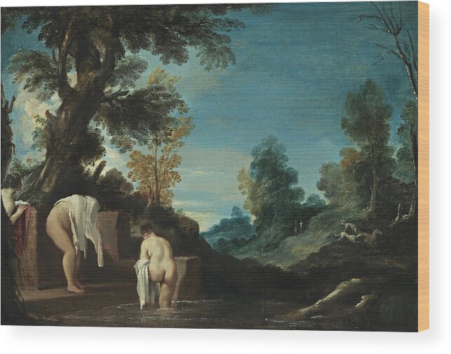 Guercino Wood Print featuring the painting Landscape with Bathing Women by Guercino