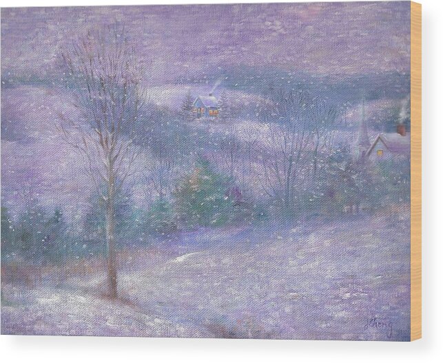 Tonal Style Wood Print featuring the painting Lavender Impressionist snowscape by Judith Cheng