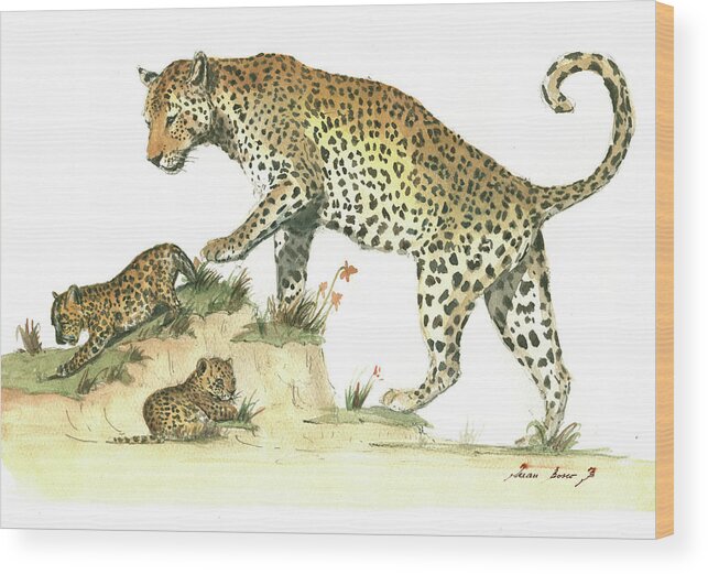 Leopard Art Wood Print featuring the painting Leopard family by Juan Bosco
