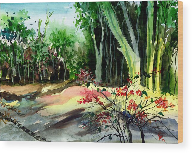 Watercolor Wood Print featuring the painting Light in the woods by Anil Nene