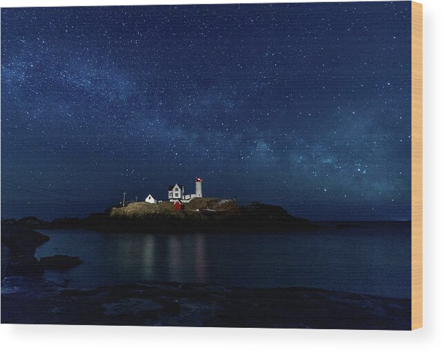 Milky Way Wood Print featuring the photograph Light up Nubble Lighthouse by Darryl Hendricks