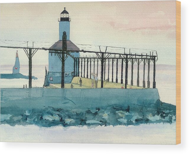 Lighthouse Wood Print featuring the painting Lighthouse in Michigan City by Lynn Babineau