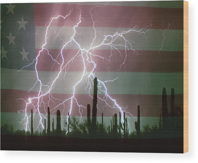 Americano Wood Print featuring the photograph Lightning Storm in the USA Desert Flag Background by James BO Insogna