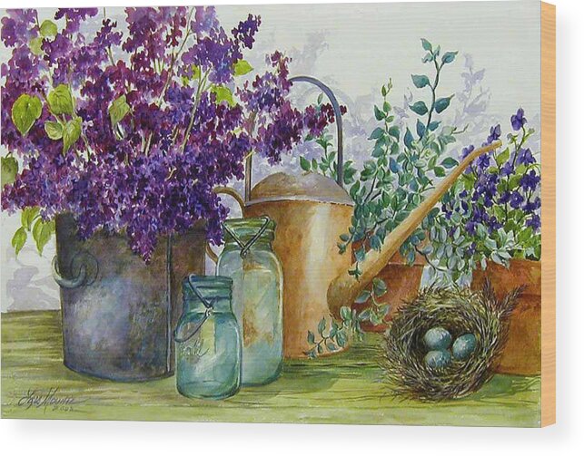 Still Life;lilacs; Ball Jars; Watering Can;bird Nest; Bird Eggs; Wood Print featuring the painting Lilacs and Ball Jars by Lois Mountz