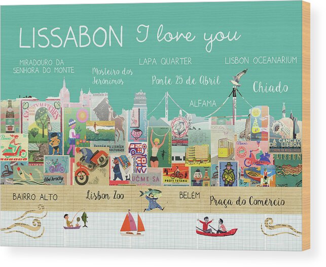 Lissabon I Love You Wood Print featuring the mixed media Lissabon I love you by Claudia Schoen