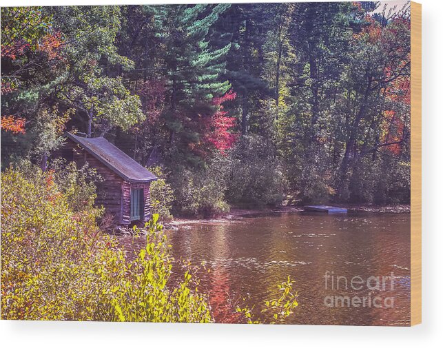 Autumn Wood Print featuring the photograph Little boat house by the lake by Claudia M Photography