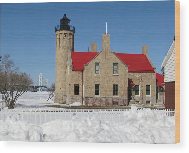Old Mackinac Point Wood Print featuring the photograph Mackinac Bridge and Light by Keith Stokes