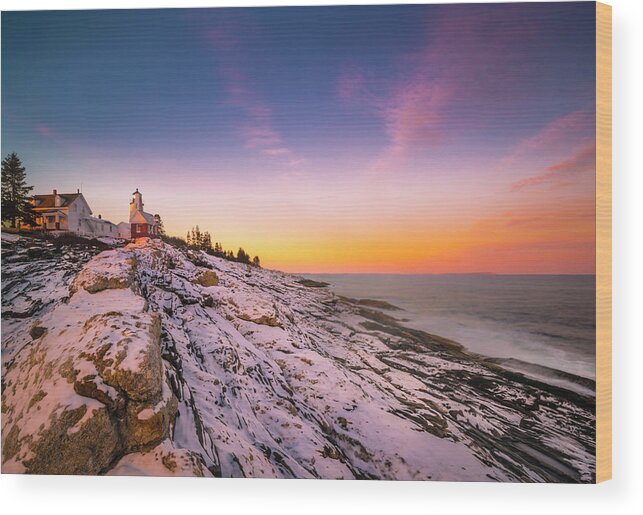 Maine Wood Print featuring the photograph Maine Pemaquid Lighthouse in Winter Snow by Ranjay Mitra