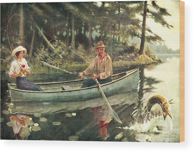 Frank Stick Wood Print featuring the painting Man and Woman Fishing by JQ Licensing