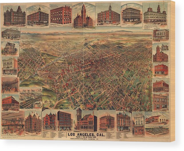 Map Wood Print featuring the drawing Map of Los Angeles 1891 by Mountain Dreams