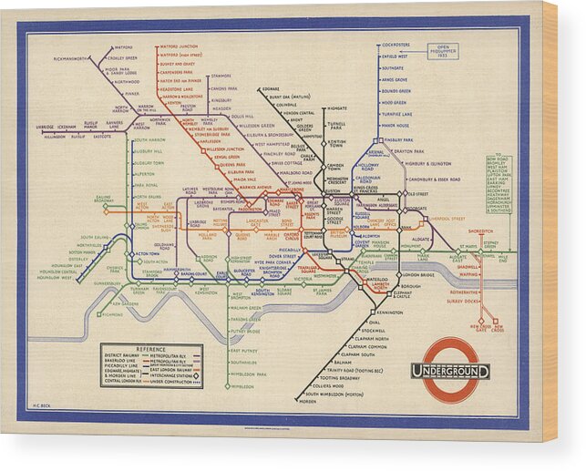 Map Of The London Underground Wood Print featuring the drawing Map of the London Underground - London Metro - 1933 - Historical Map by Studio Grafiikka