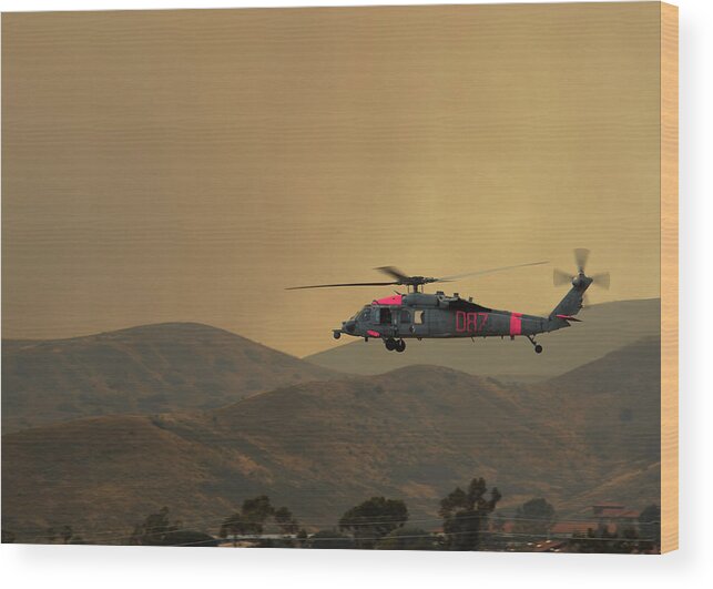 Fires Wood Print featuring the painting MH-60S Sea Hawk helicopter US Navy by Celestial Images