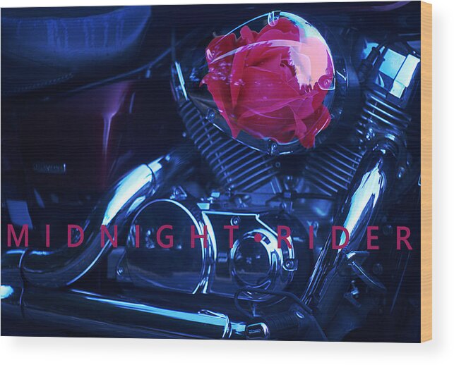 Midnight Motorcycle Wood Print featuring the photograph Midnight Rider Motorcycle And A Red Rose by Suzanne Powers
