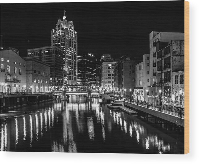 Monochrome Wood Print featuring the photograph Milwaukee at Night by John Roach