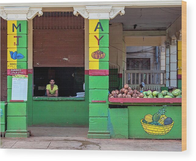 Charles Harden Fruit Watermelon Stand Havana Cuba Habana Green Yellow Caribbean Wood Print featuring the photograph MJAY Fruit Stand Havana Cuba by Charles Harden