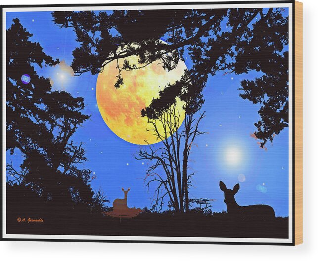 Fantasy Image Wood Print featuring the photograph Moonlight Fantasy Forest with Deer Silhouettes by A Macarthur Gurmankin