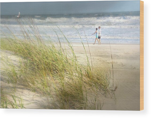 Couple Walking On The Beach Wood Print featuring the photograph Mid Morning Stroll by Diana Angstadt