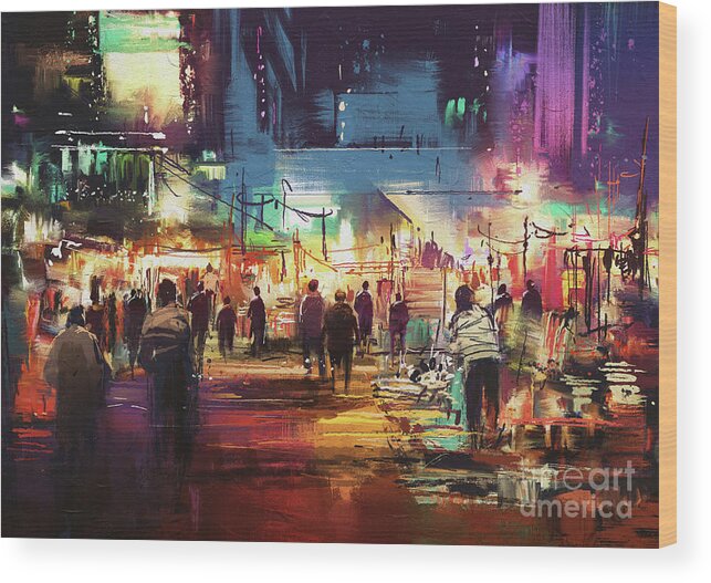 Abstract Wood Print featuring the painting Night Market by Tithi Luadthong