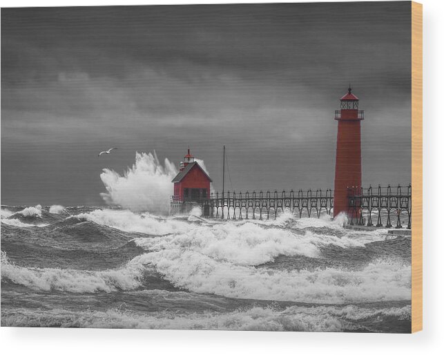 Lighthouse Wood Print featuring the photograph November Storm with Flying Gull by the Grand Haven Lighthouse by Randall Nyhof