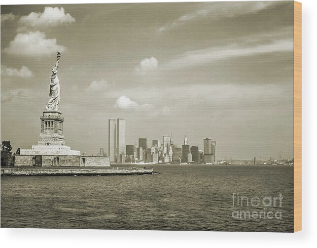 Statue Of Liberty Wood Print featuring the pyrography NYC Skyline Vintage Style by Benny Marty