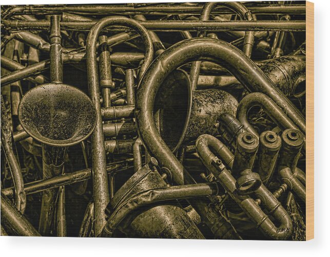 Old Wood Print featuring the photograph Old Brass Musical Instruments by David Gordon