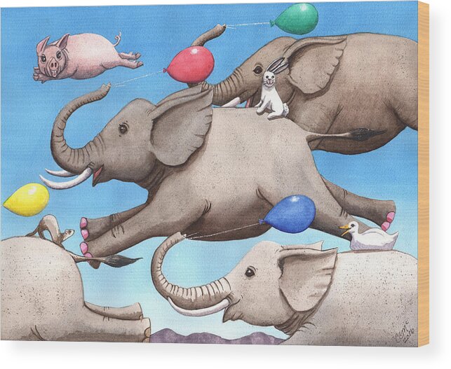 Elephant Wood Print featuring the painting Only way to fly by Catherine G McElroy