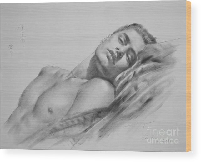 Original Art Wood Print featuring the drawing Original Drawing Art Male Nude Men Gay Interest Boy On Paper #11-02-01 by Hongtao Huang