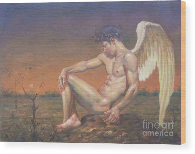 Original Art Wood Print featuring the painting Original Oil Painting Nude Art Angel Of Male Nude On Linen#16-7-21 by Hongtao Huang