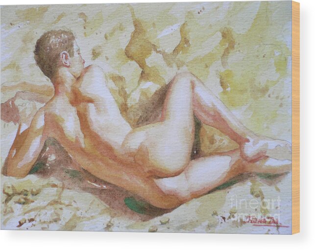 Hongtao Huang Wood Print featuring the drawing Original Watercolour Male Nude Men On Paper#16-11-6 by Hongtao Huang