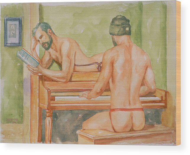 Original Art Wood Print featuring the painting Original Watercolour Painting Male Nude Paly Piano On Paper #16-3-11-07 by Hongtao Huang