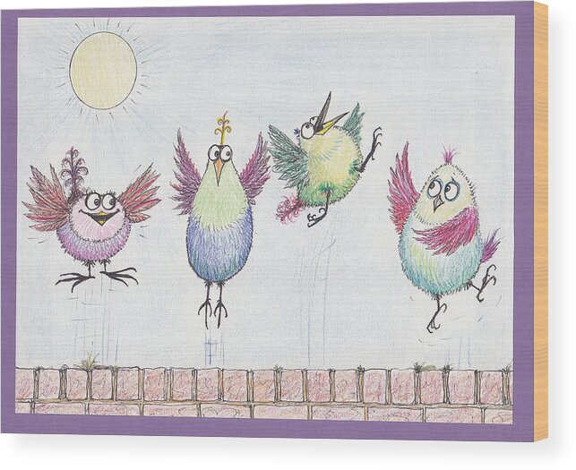 Mad Wood Print featuring the drawing P4 Four Birds Celebrate by Charles Cater