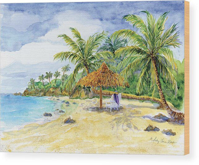 Palappa Wood Print featuring the painting Palappa n Adirondack Chairs on a Caribbean Beach by Audrey Jeanne Roberts