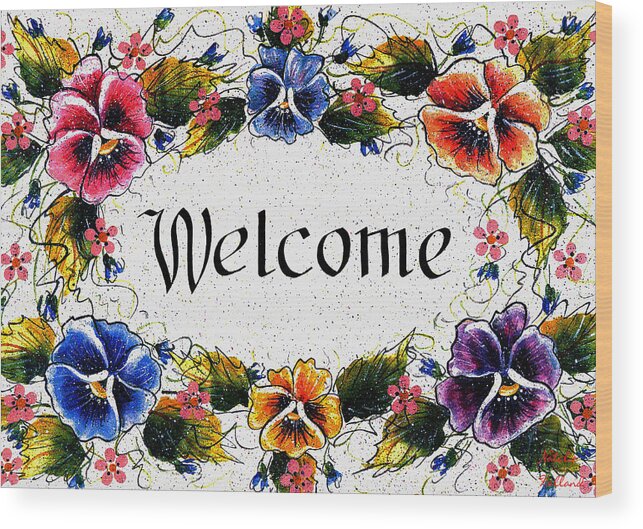 Welcome Sign Wood Print featuring the painting Pansies Welcome by Natalie Holland